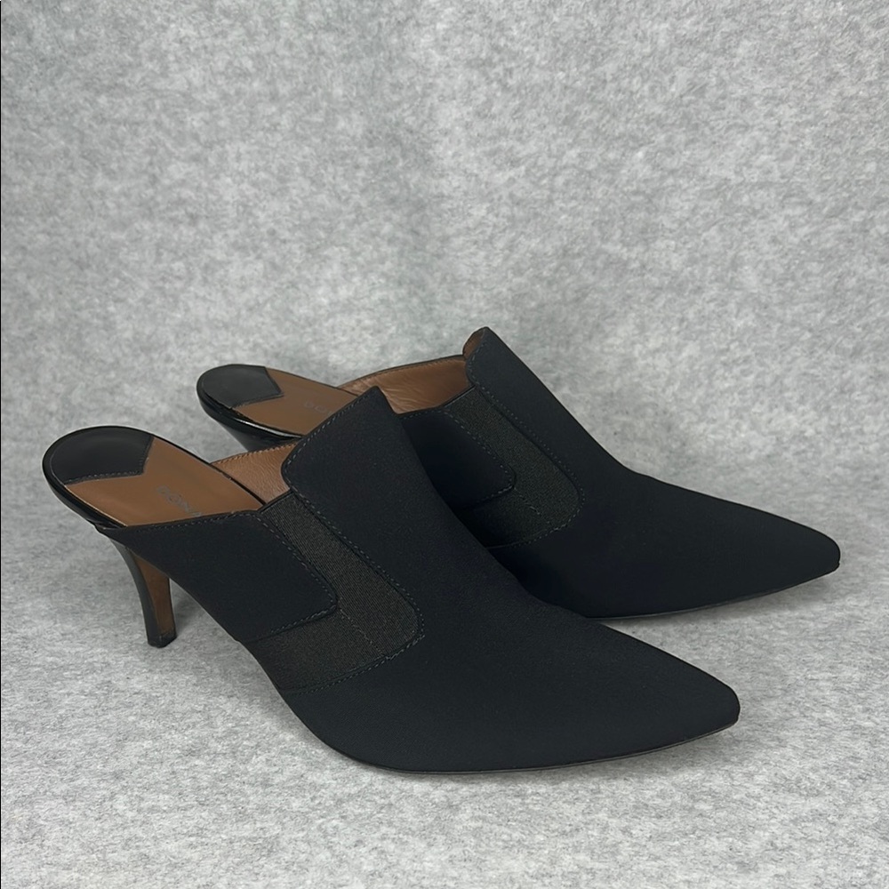 Donald J. Pliner Trono Black Fabric Stretch Pointed Toe Mid Heel Mules Size 7.5